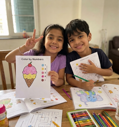 Two kids smiling with Mamapick colour-by-numbers and maze worksheets